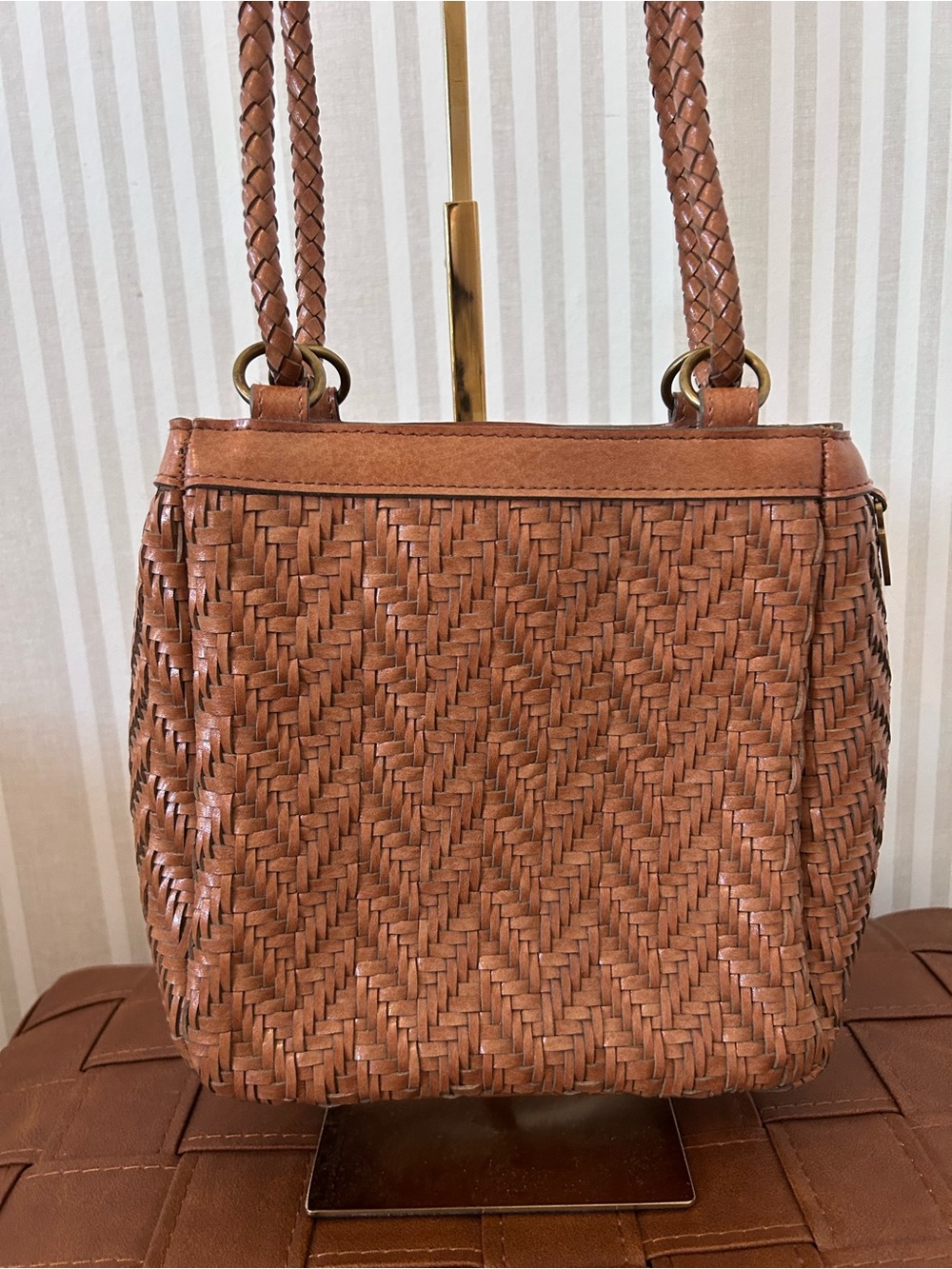 Vintage Liz Claiborne Weave Bucket Bag Brown Woven Leather Purse - Picture 2 of 11